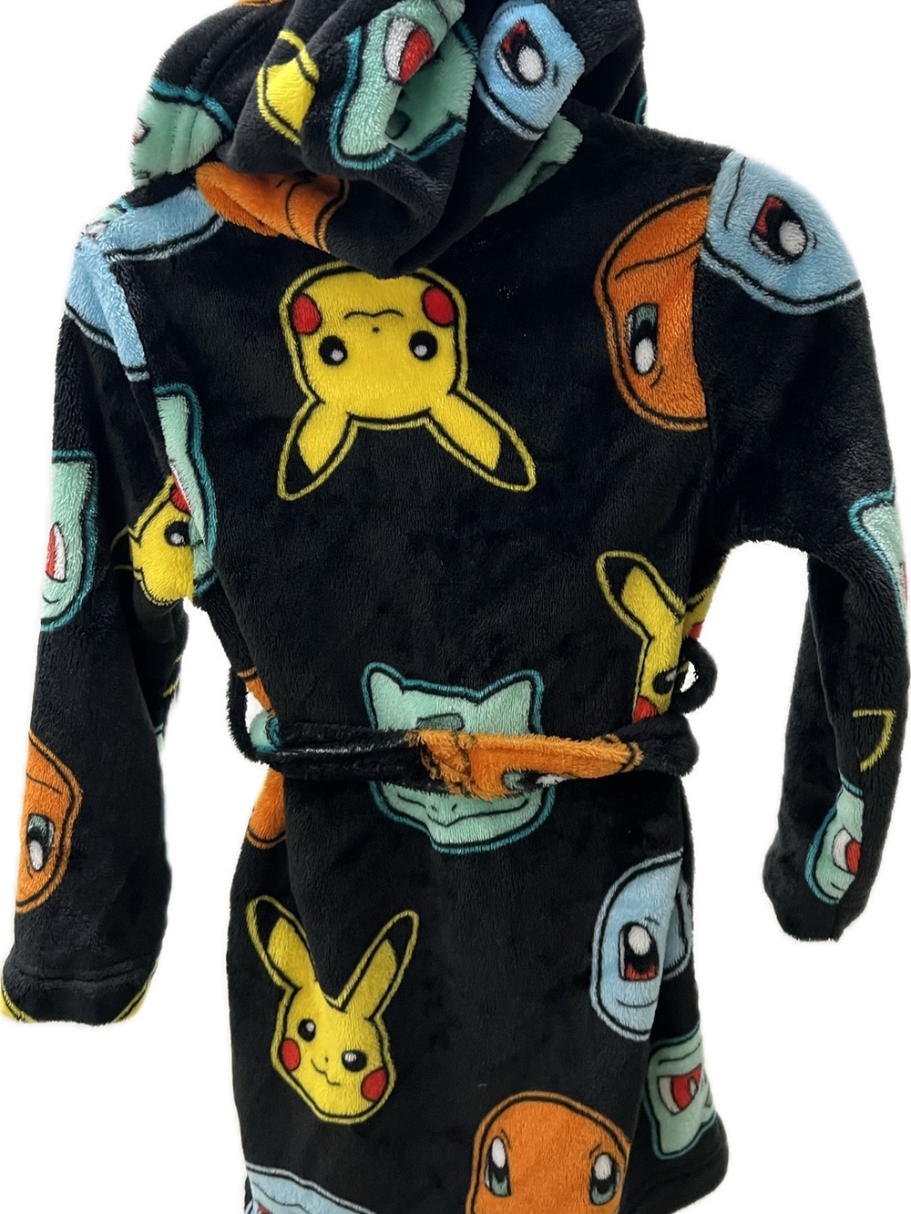 Pokemon Kids Black Hooded Fleece Robe with Pikachu, Charmander & Squirtle Faces